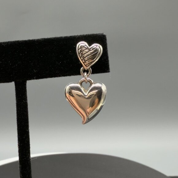 Silver Tone Double Puffy Heart Drop Dangle Pierced Post Earrings 1" - Picture 3 of 8